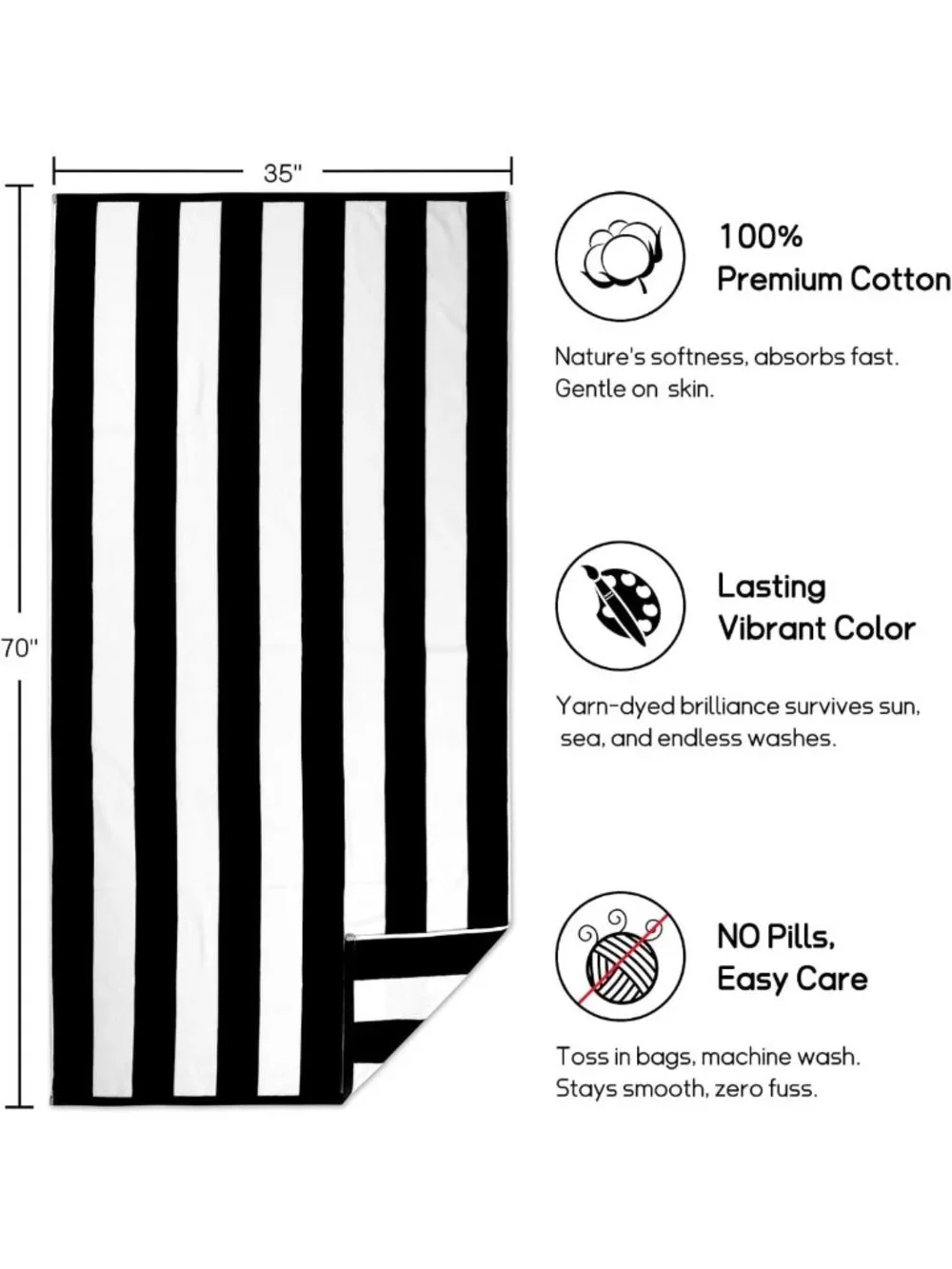 Oversized Black Striped Beach Towel - 35x70